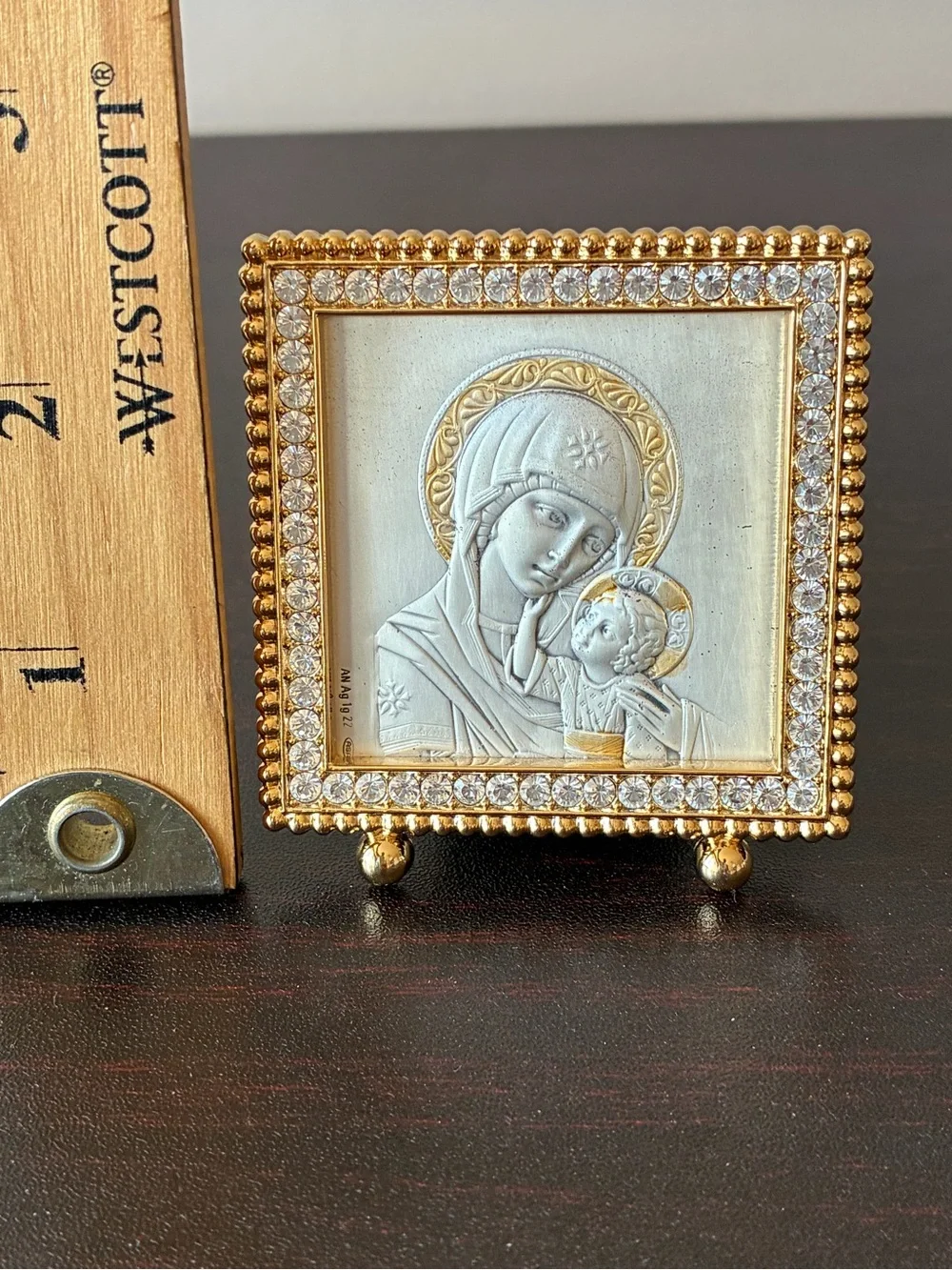 Sterling Silver Madonna and Child miniature plaque Crystal Frame